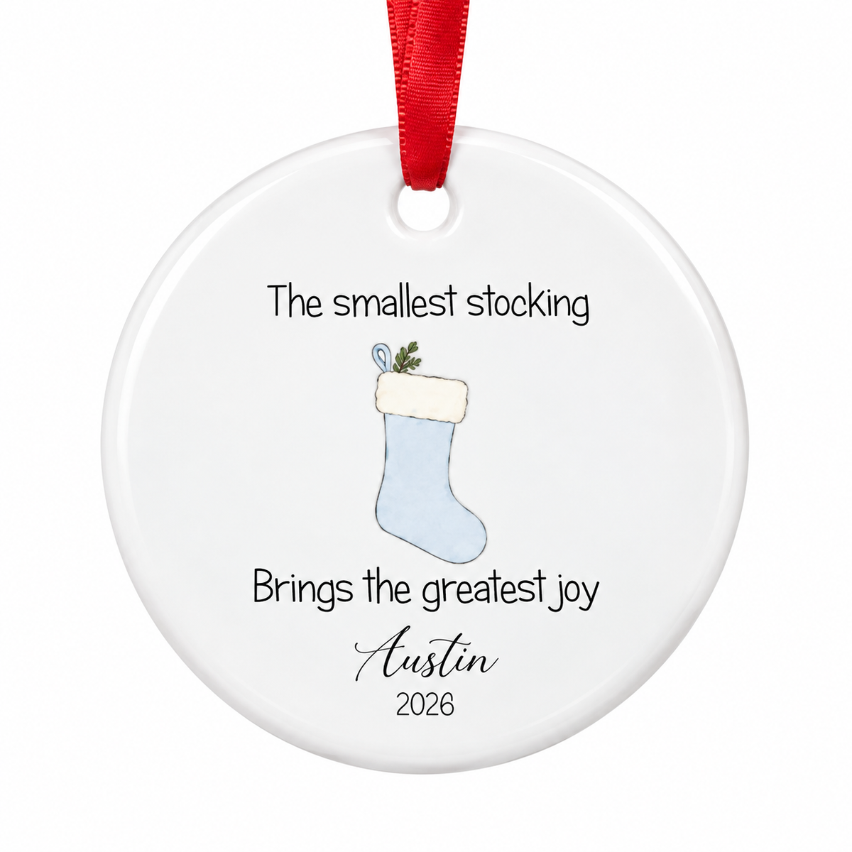 Personalised My First Christmas Ceramic Round Bauble - Blue Stocking