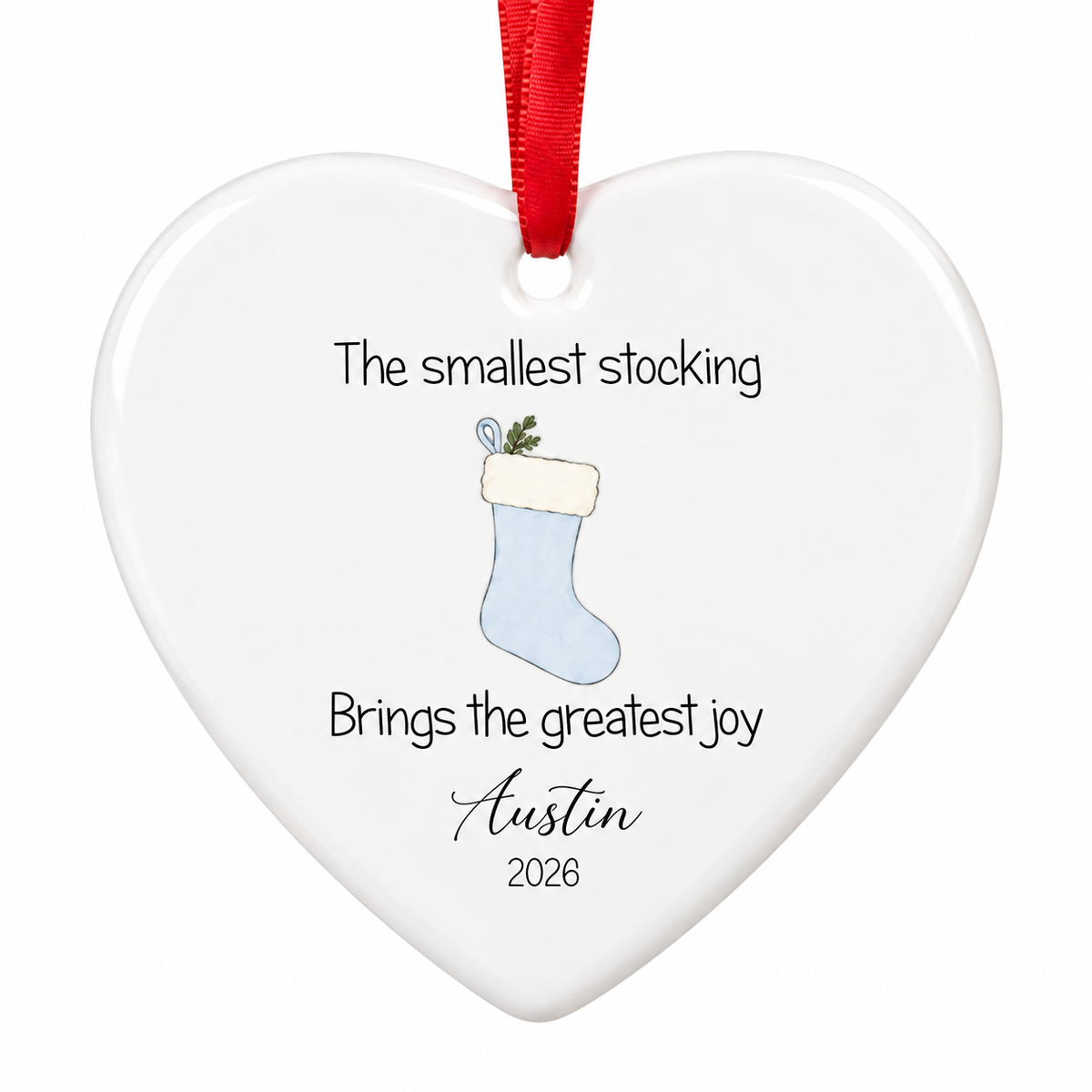 Personalised My First Christmas Ceramic Heart Bauble - Blue Stocking