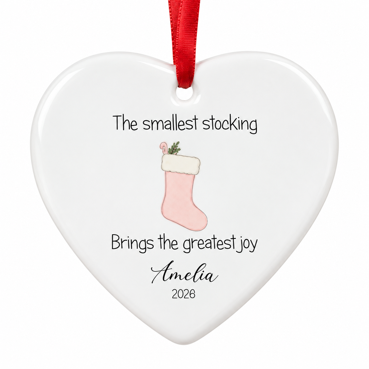 Personalised My First Christmas Ceramic Heart Bauble - Pink Stocking