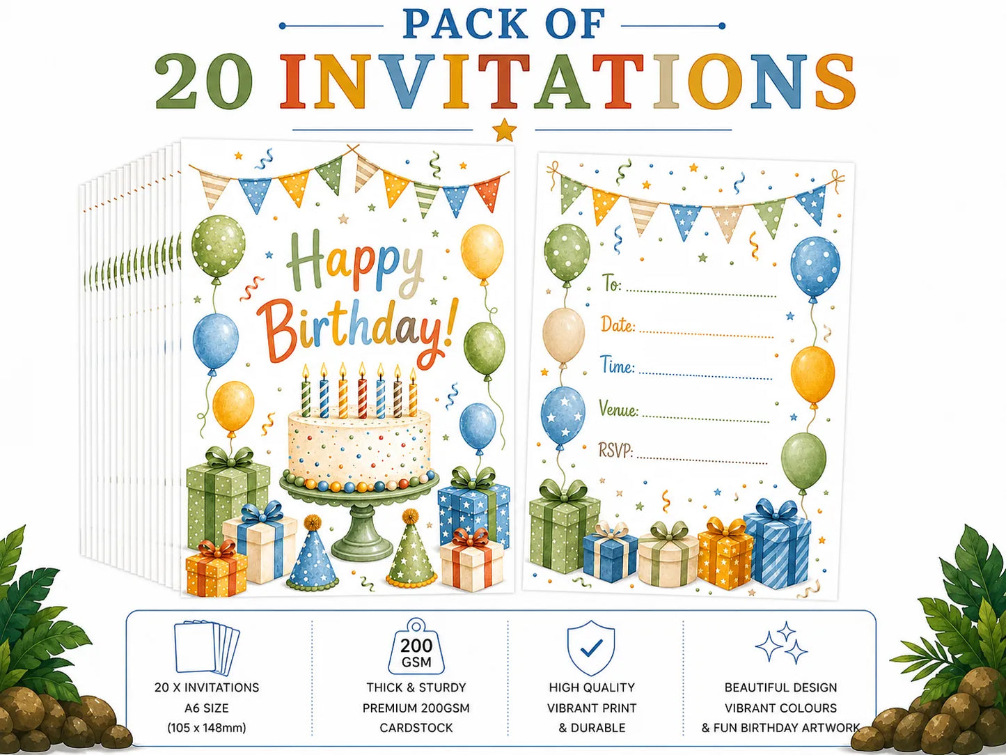 20 Pack Happy Birthday Neutral Colour Invites, Party Invitations