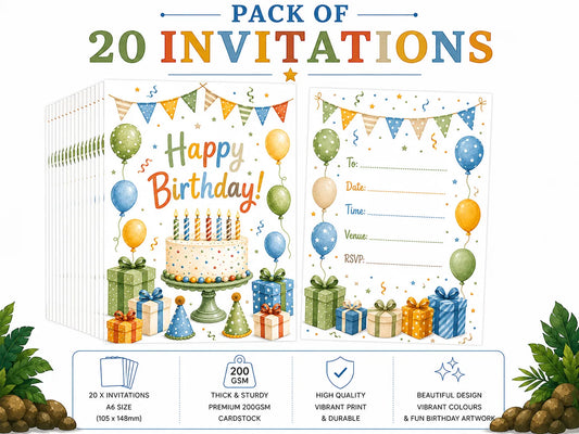 20 Pack Happy Birthday Neutral Colour Invites, Party Invitations