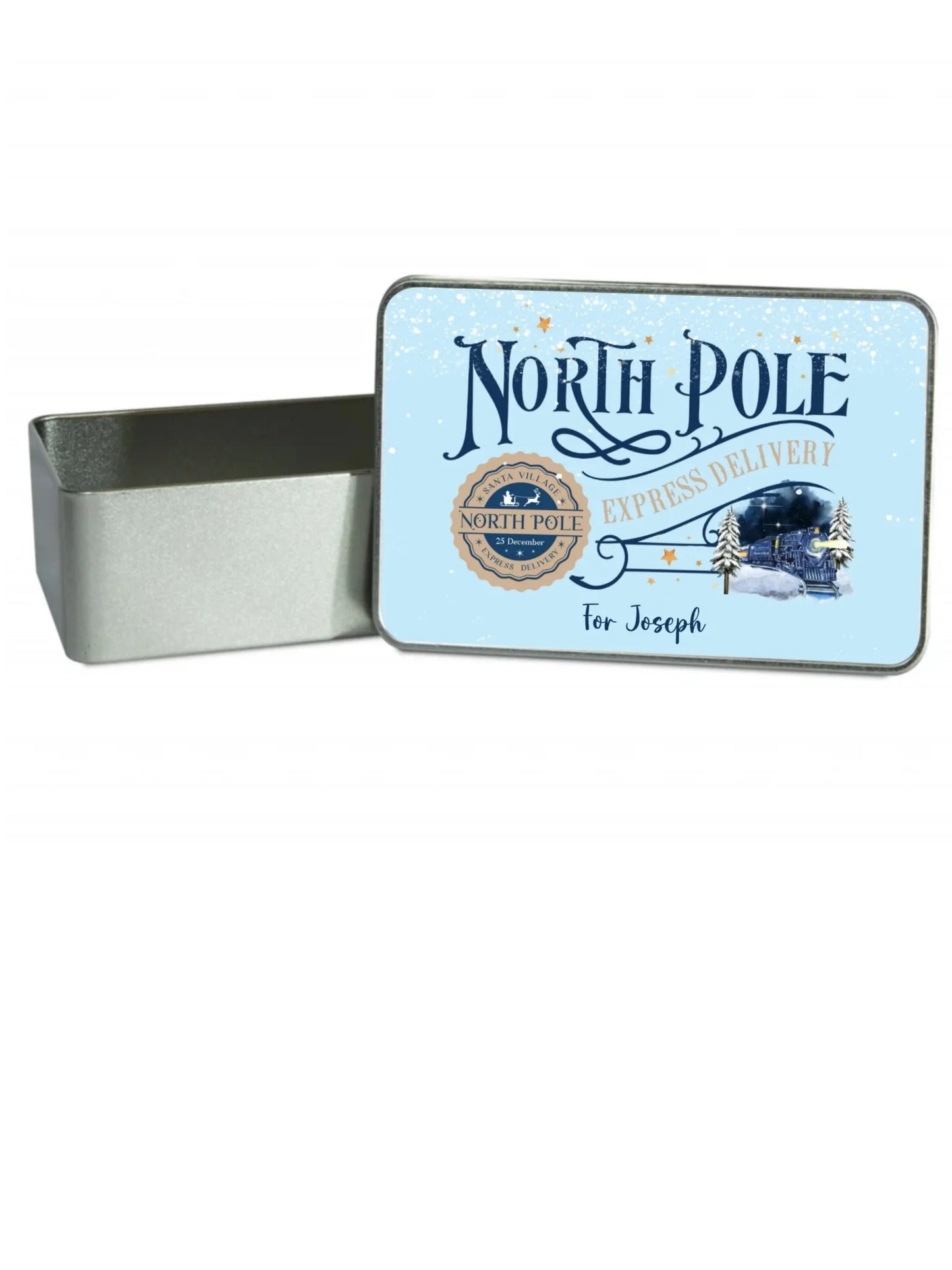 Personalised North Pole Express Delivery Train Christmas Gift Tin