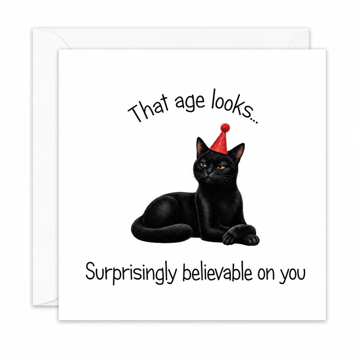 Funny Black Cat Birthday Card That age looks... Surprisingly believable on you