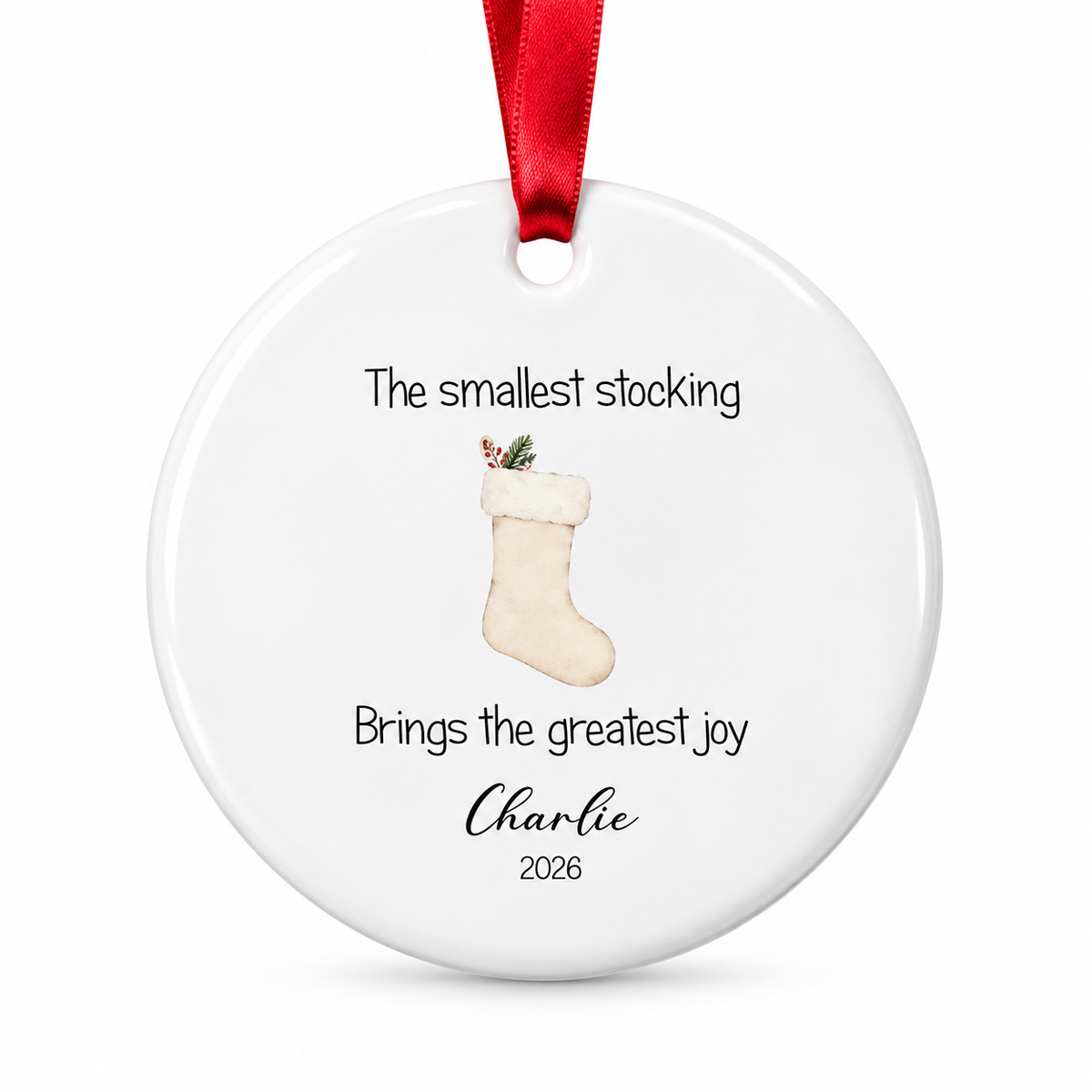 Personalised My First Christmas Ceramic Round Bauble - Beige Stocking