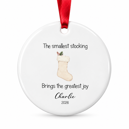 Personalised My First Christmas Ceramic Round Bauble - Beige Stocking