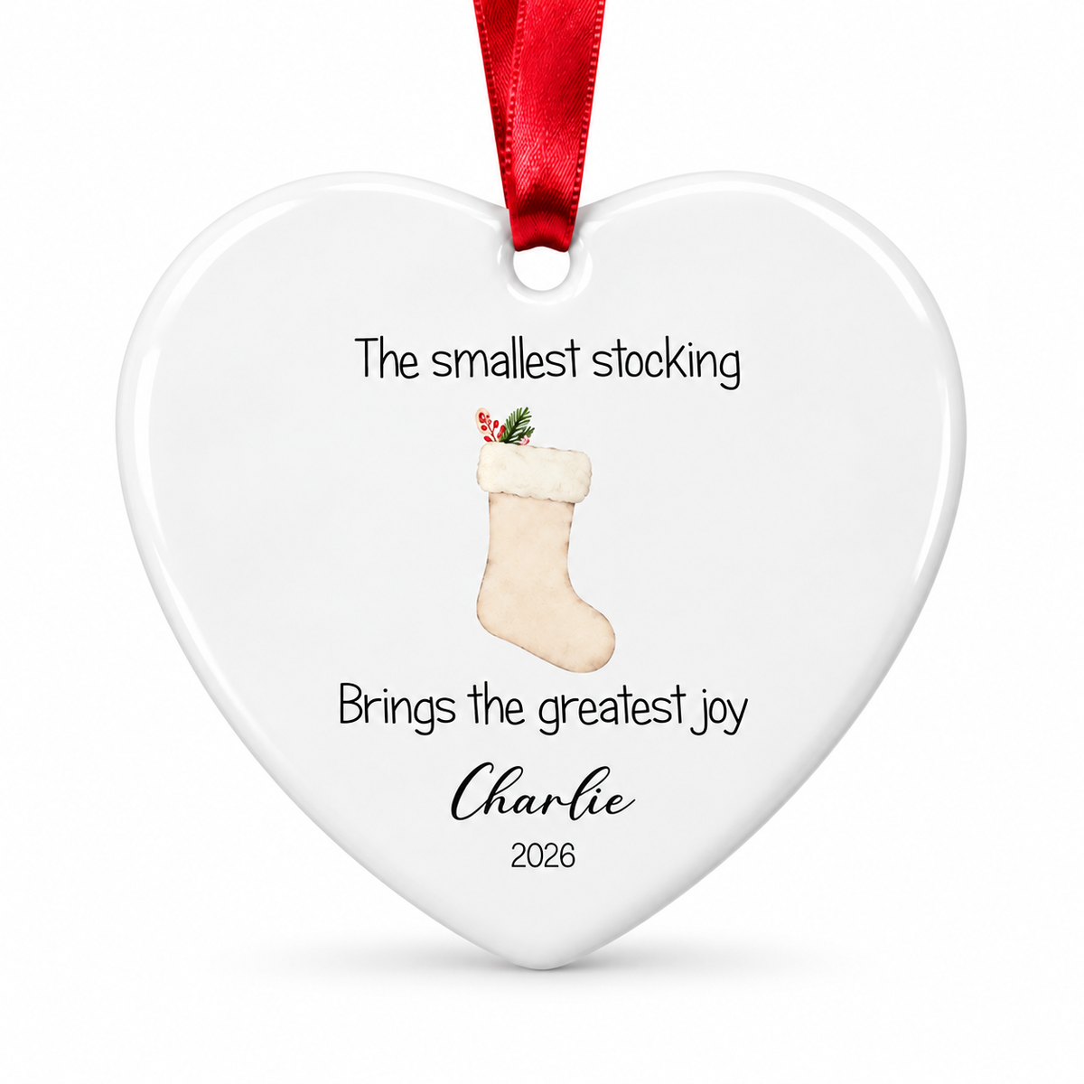 Personalised My First Christmas Ceramic Heart Bauble - Beige Stocking