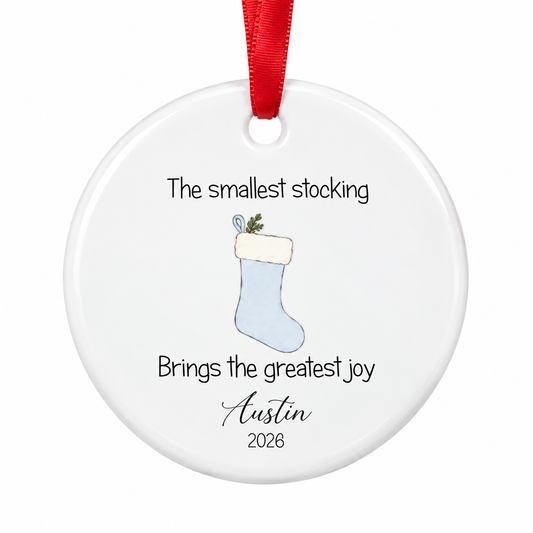 Personalised My First Christmas Ceramic Round Bauble - Blue Stocking