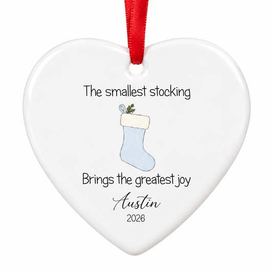 Personalised My First Christmas Ceramic Heart Bauble - Blue Stocking
