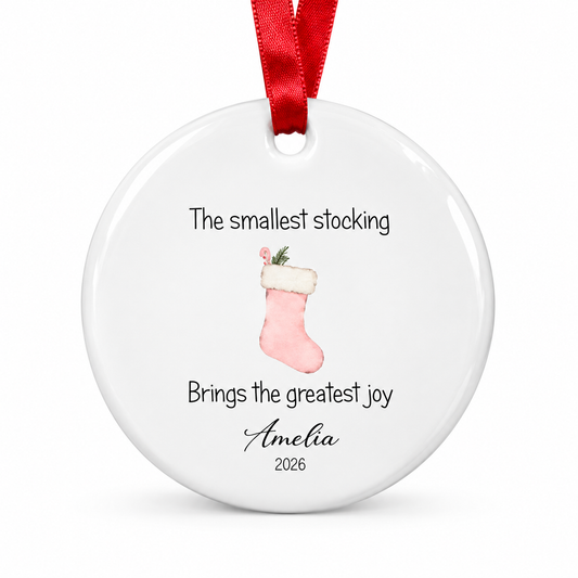 Personalised My First Christmas Ceramic Round Bauble - Pink Stocking