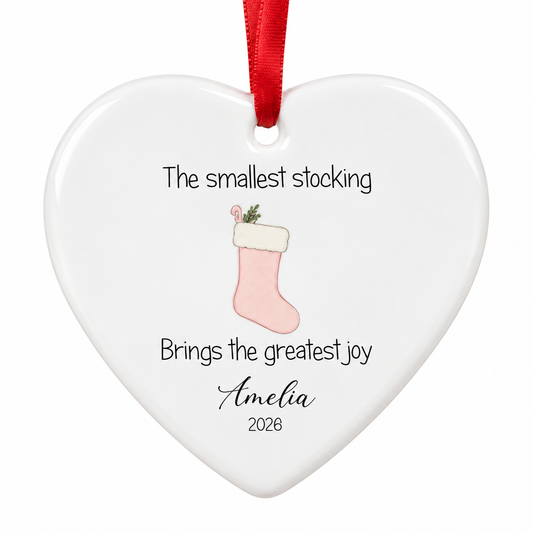 Personalised My First Christmas Ceramic Heart Bauble - Pink Stocking