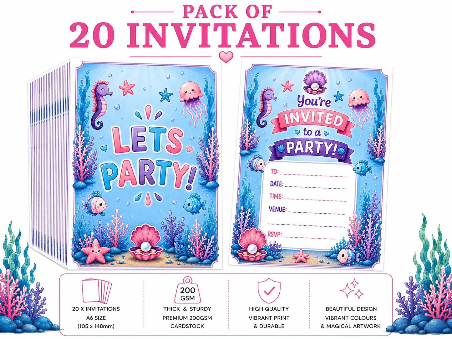 20 Pack Mermaid Party Invites, Kids Party Invitations