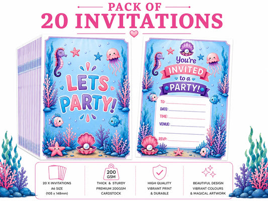 20 Pack Mermaid Party Invites, Kids Party Invitations