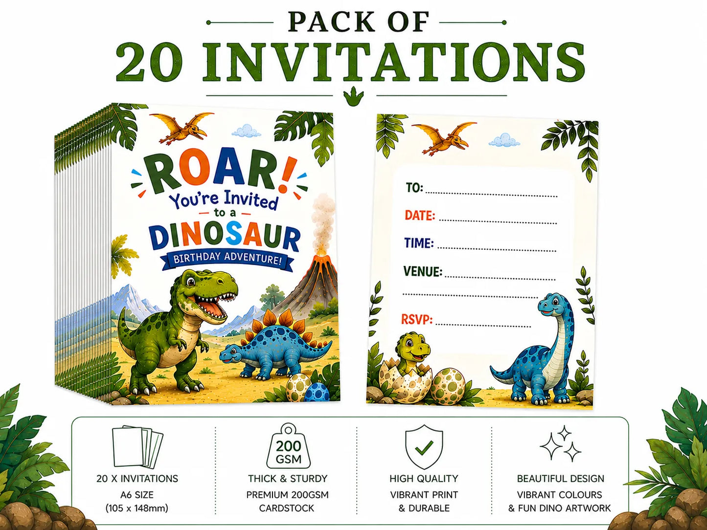 20 Pack Dinosaur Party Invites, Kids Party Invitations