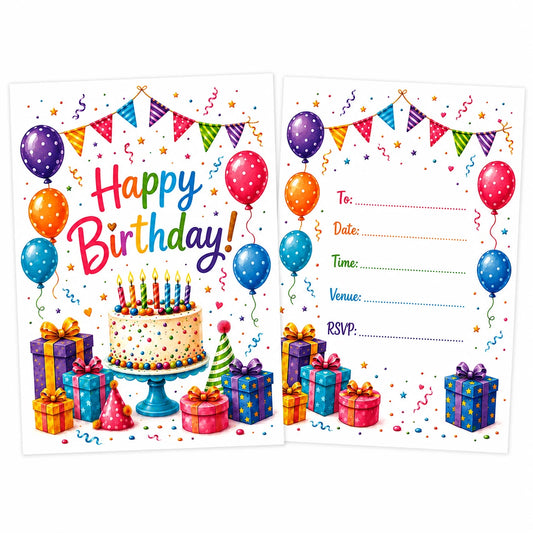 20 Pack Happy Birthday Bright Colour Invites, Party Invitations