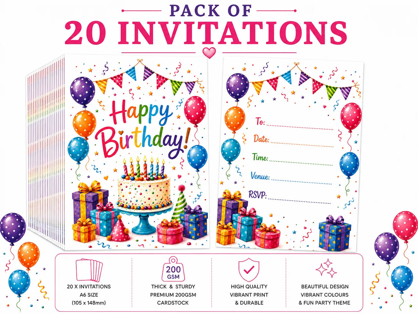 20 Pack Happy Birthday Bright Colour Invites, Party Invitations