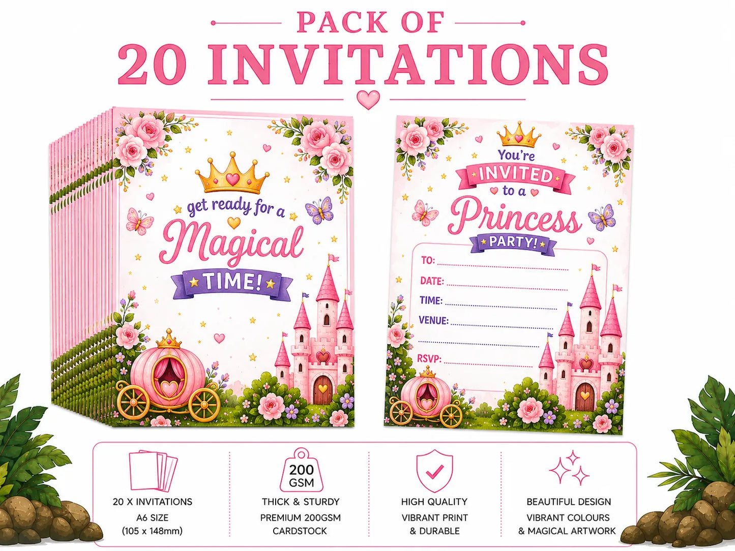 20 Pack Princess Party Invites, Kids Party Invitations