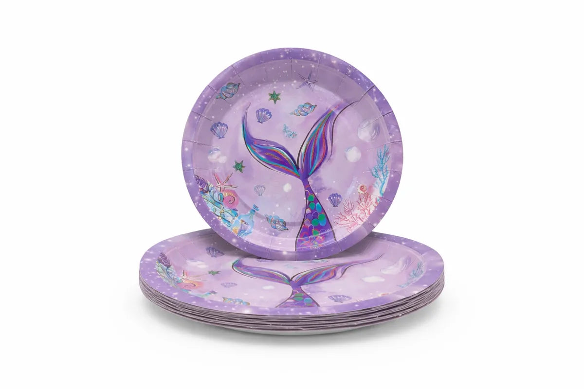 Mermaid Party Supplies Pack with Paper Plates, Cups, Napkins, Table Cloth for 8 Guests