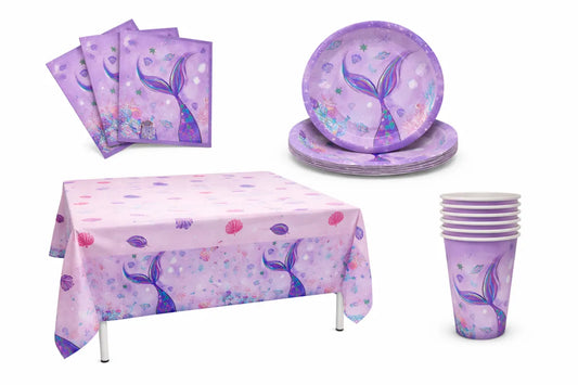 Mermaid Party Supplies Pack with Paper Plates, Cups, Napkins, Table Cloth for 8 Guests