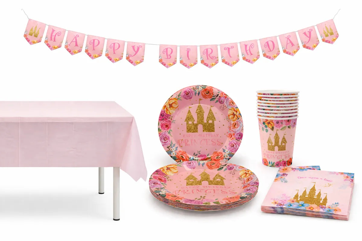 Princess Party Supplies Pack with Paper Plates, Cups, Napkins, Banner, Table Cloth for 10 Guests