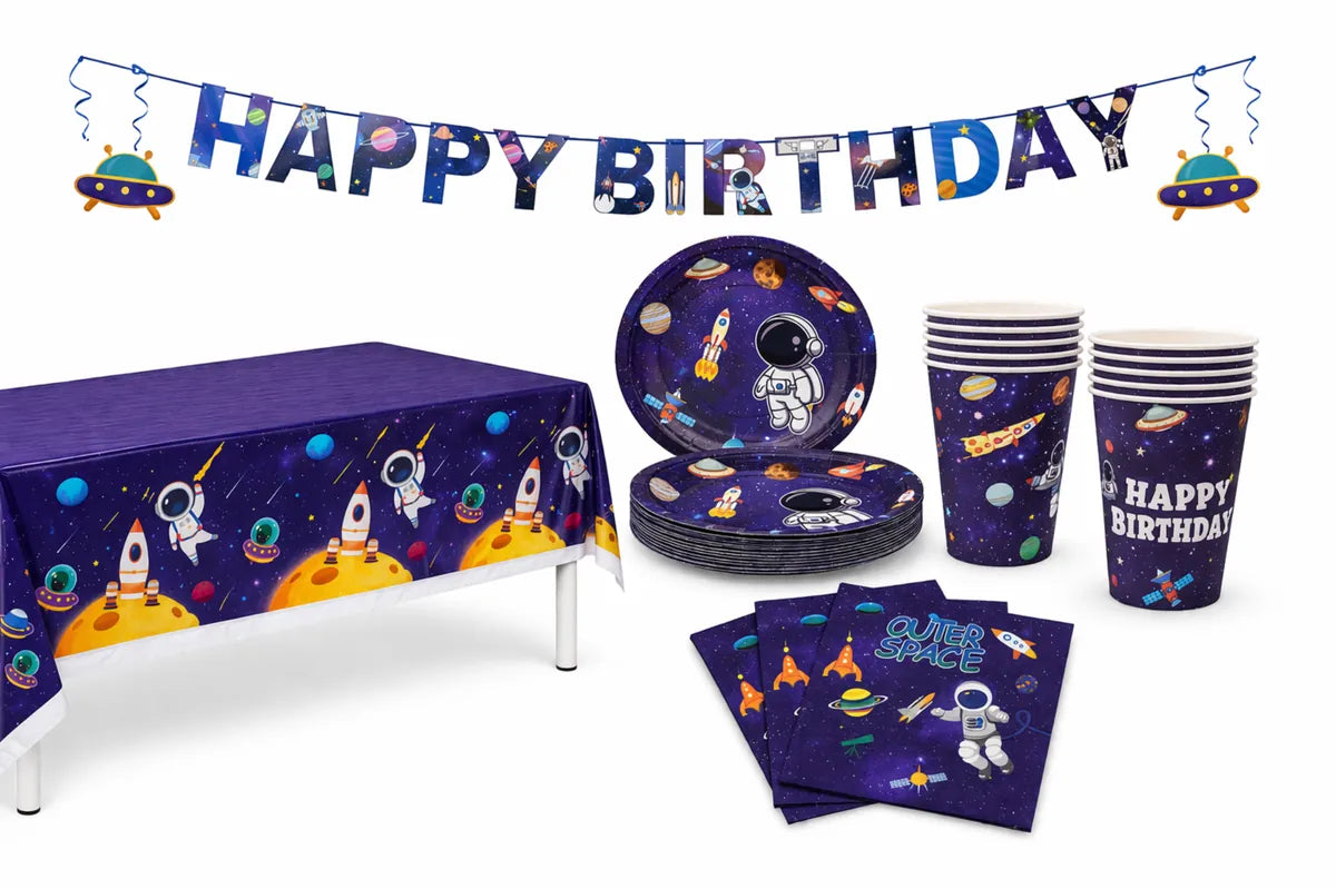 Space Astronaut Party Supplies Pack with Paper Plates, Cups, Napkins, Banner, Table Cloth for 10 Guests