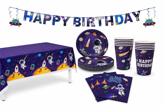 Space Astronaut Party Supplies Pack with Paper Plates, Cups, Napkins, Banner, Table Cloth for 10 Guests